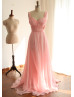 Sexy Open Back Pink Ruching Chiffon Long Prom Dress